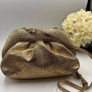 Themoire GEA TIA LAMINATED Metallic GOLD‎ Vegan Leather Ruched CLUTCH BAG